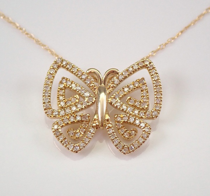 Diamond Butterfly Pendant Necklace - 14K Yellow Gold Choker Charm and Chain