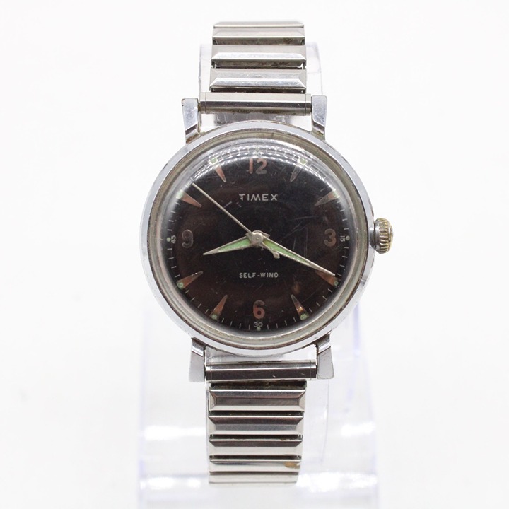 Vintage Timex Watch Mens Silver Tone Steel Self-Wind Classic Black Dial 50's