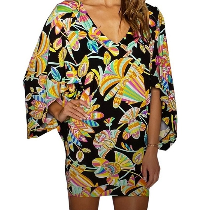 Trina Turk Tahitian Floral Swimsuit CoverUp Mini Dress Batwing Neon Size XS