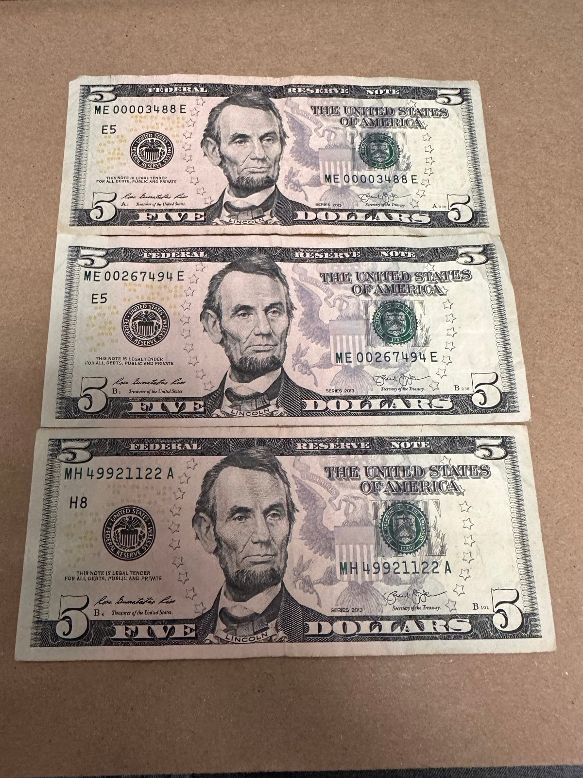 5 Bill Lot, Low Serial, Unique Serial Numbers, RARE!