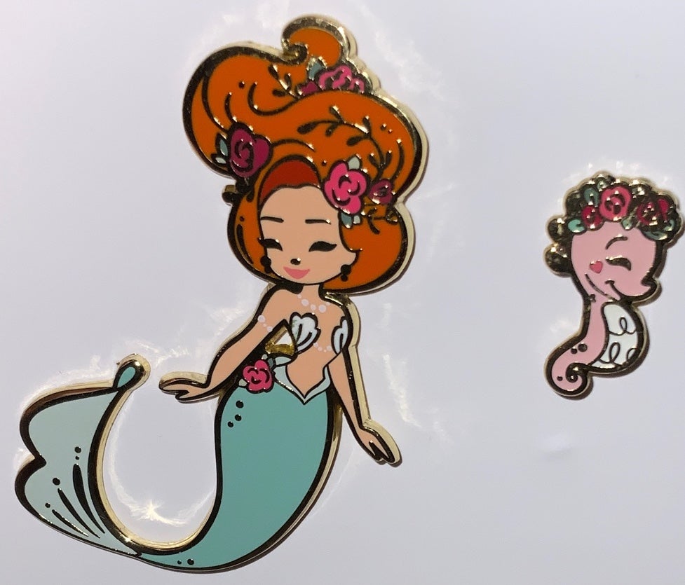 Mermaid Ariel Enamel Pin set with mini seahorse