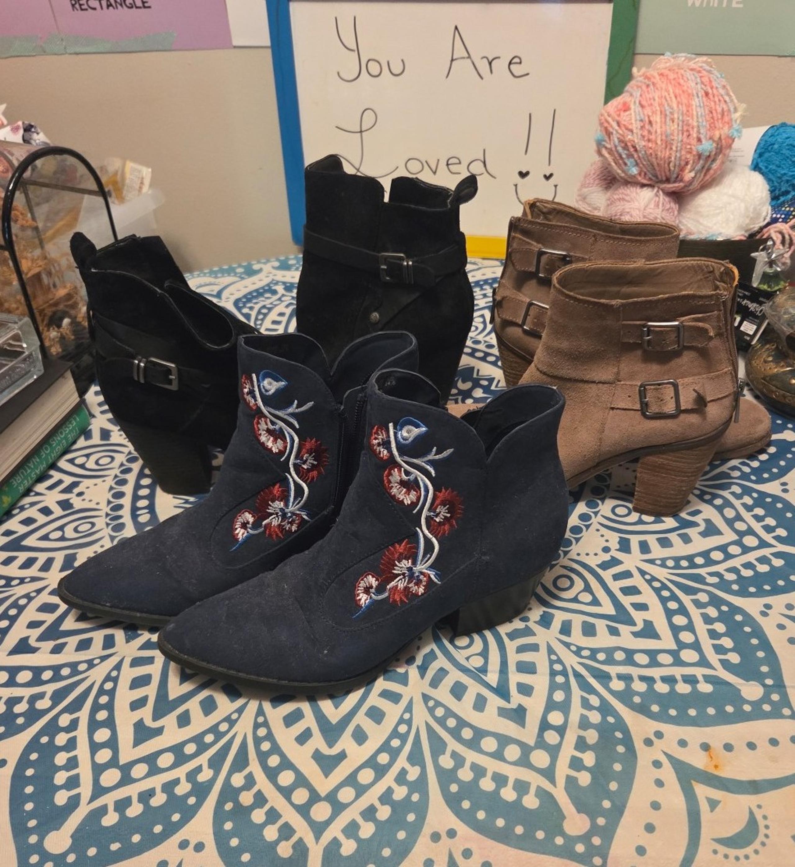 7 1/2 size 3 pairs of suede and leather boots Carlos santata colorful floral
