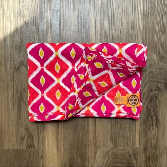 Giant Tory Burch Orange and Pink Ikat Wrap Sarong Scarf