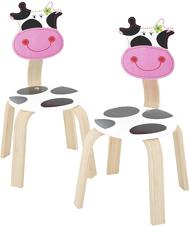 2 PCS Wooden Kids Chair Sets, Natural Hardwood 2 Cow Animal Children Chairs