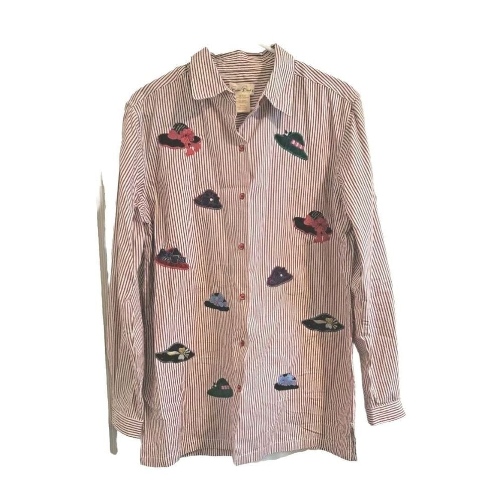 Bobbie Brooks Women's Long Sleeve Striped Button Up Embroidered Hats Top Size M