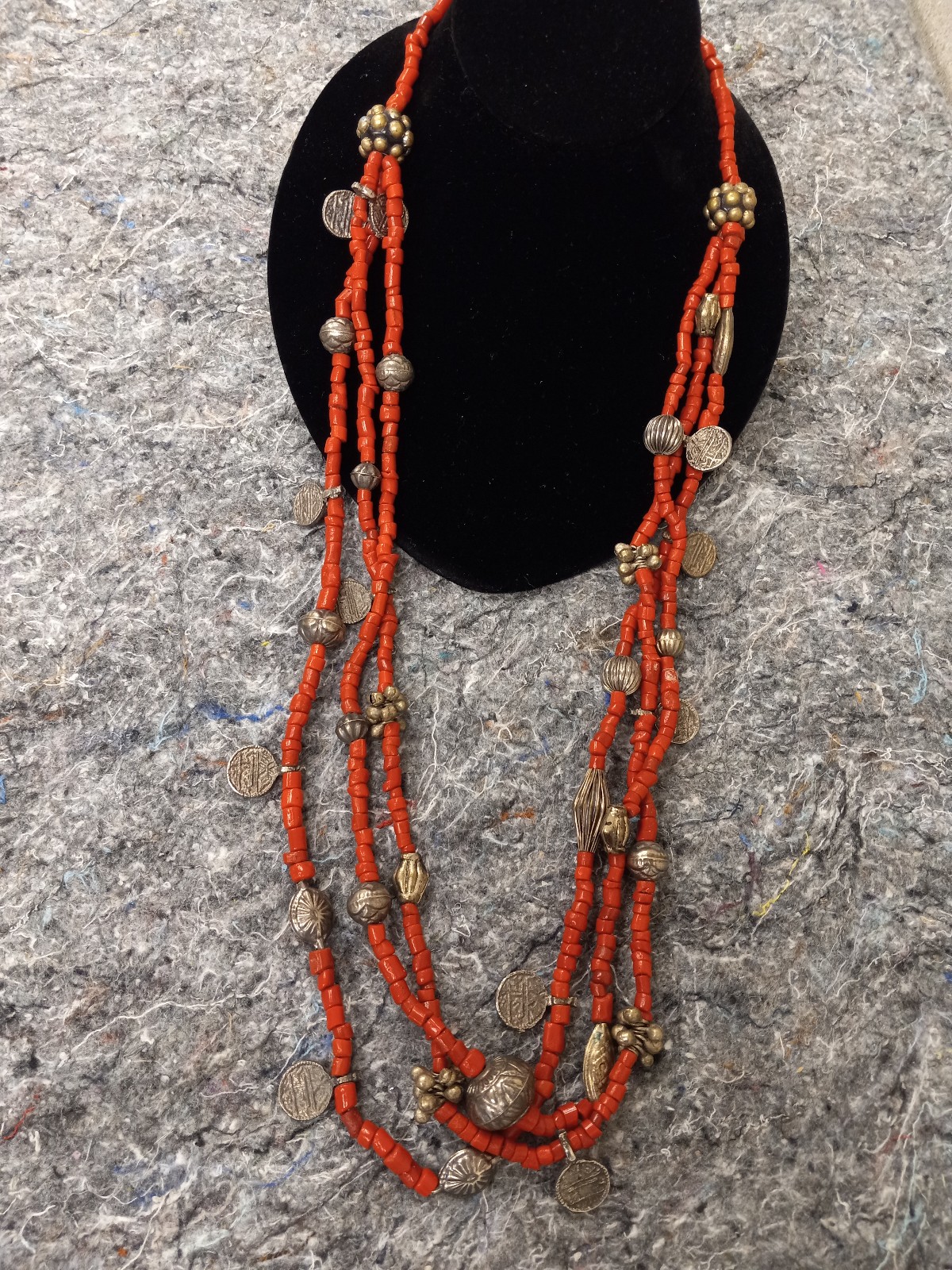 Antique 3 strand coral and silver plated necklace