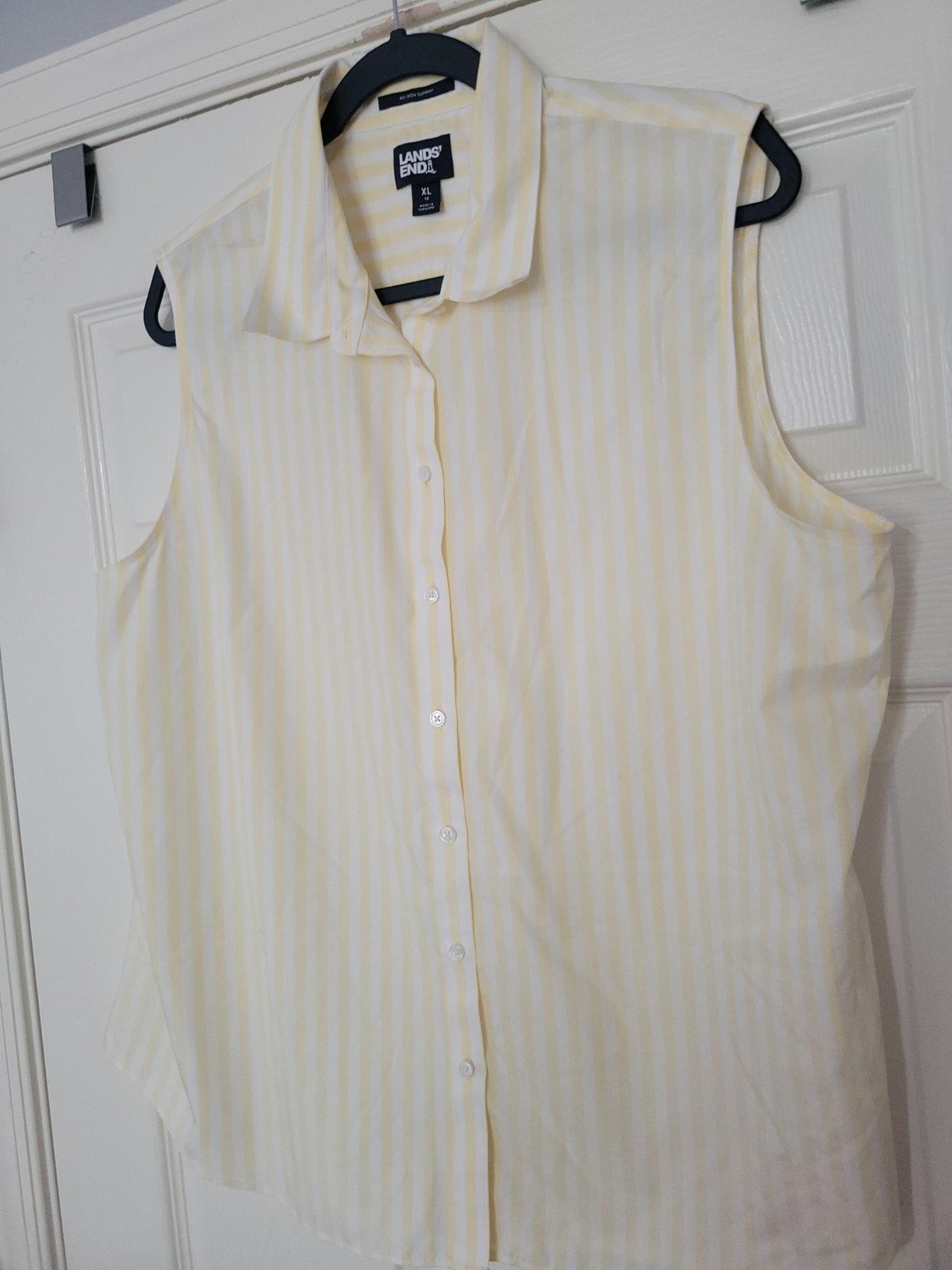 Lands End Womens Cotton Sleeveless Button Front Top
Yellow White Striped XL
