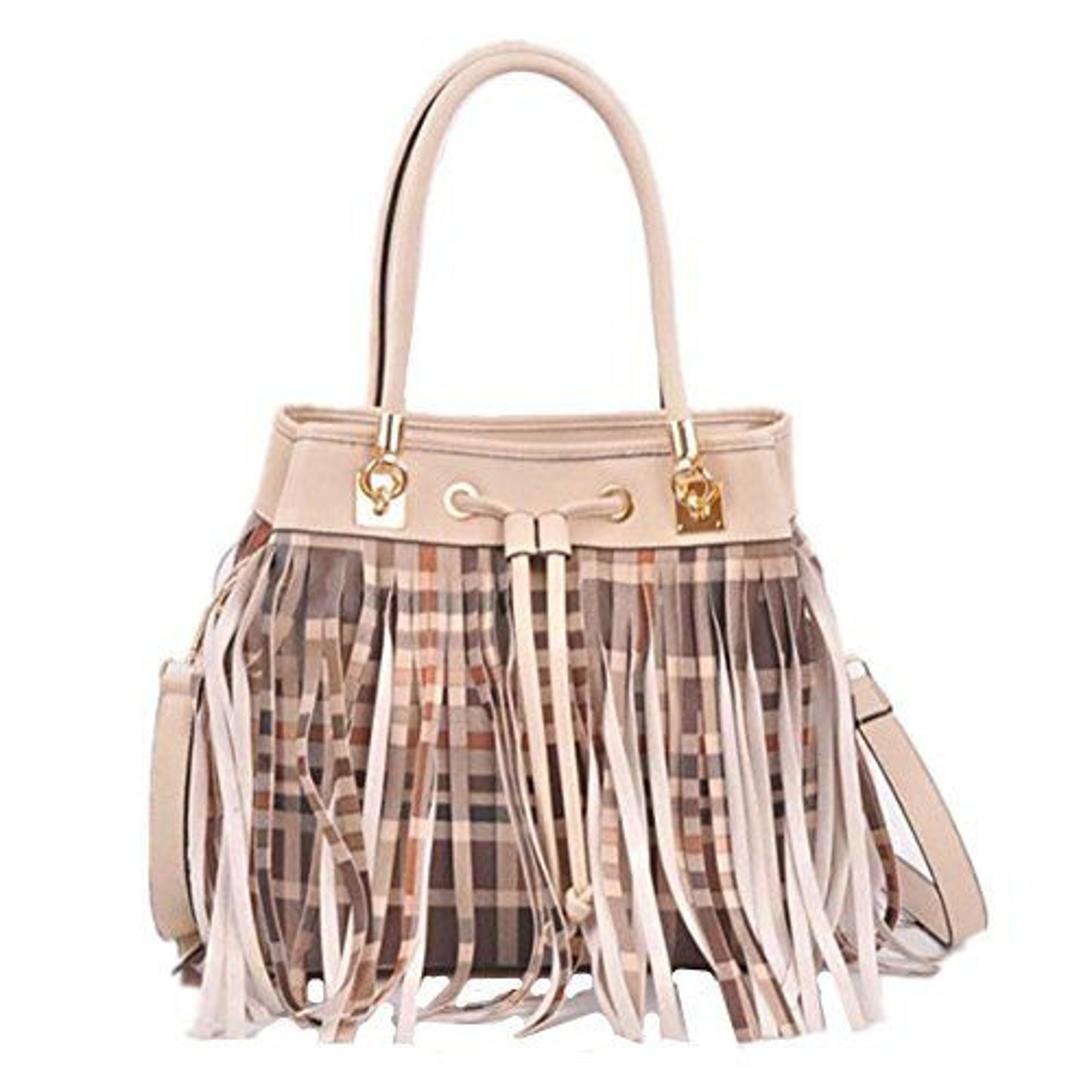 Checkered Print Fringe Drawstring Shoulder Bucket Bag Detachable Strap