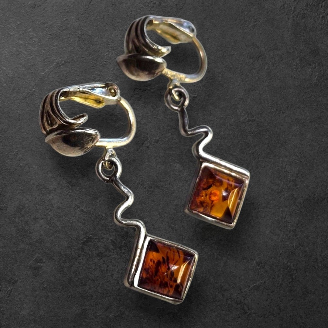 Vintage 925 Sterling Silver Baltic Amber Dangle Earrings Clip On 1970’s Square