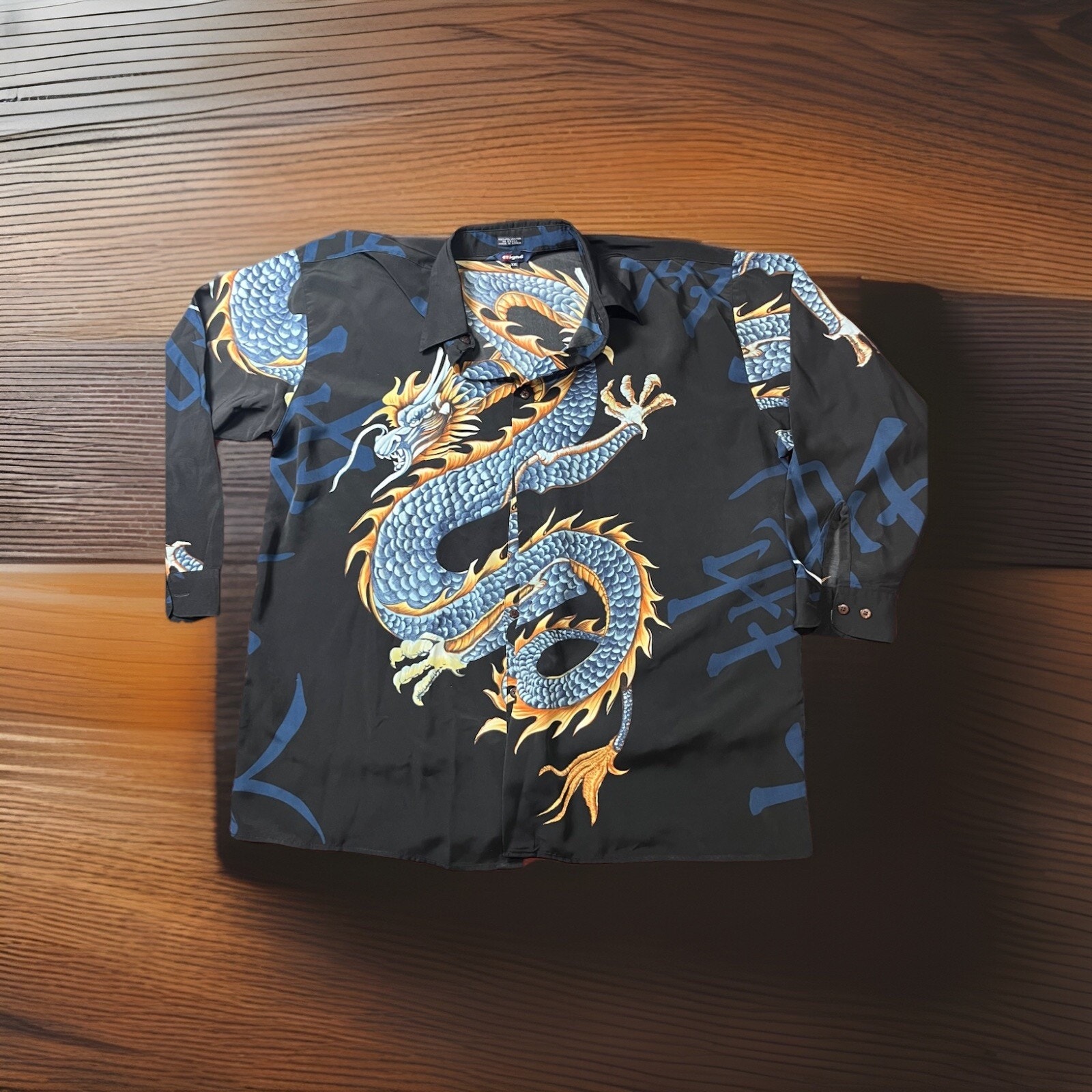 Bignd Dragon Button Down Shirt Anime Fantasy Bold Orange Blue Sz-2XL Mens