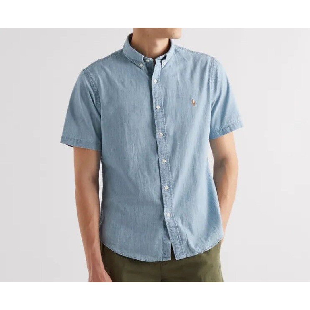 Ralph Lauren Logo Chambray Classic Fit Button Down Short Sleeve Shirt Sz:Small