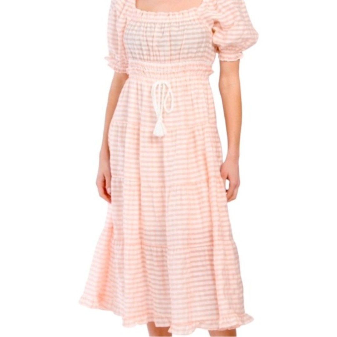 MOON RIVER Puff Sleeve Midi Beach Coverup Dress-Pink Stripe Size S