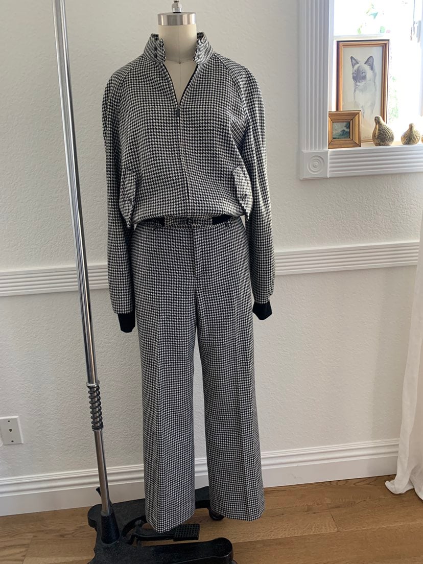 80s 90s Ralph Lauren Vintage Houndstooth Wool Trousers Black/White Jacket Set