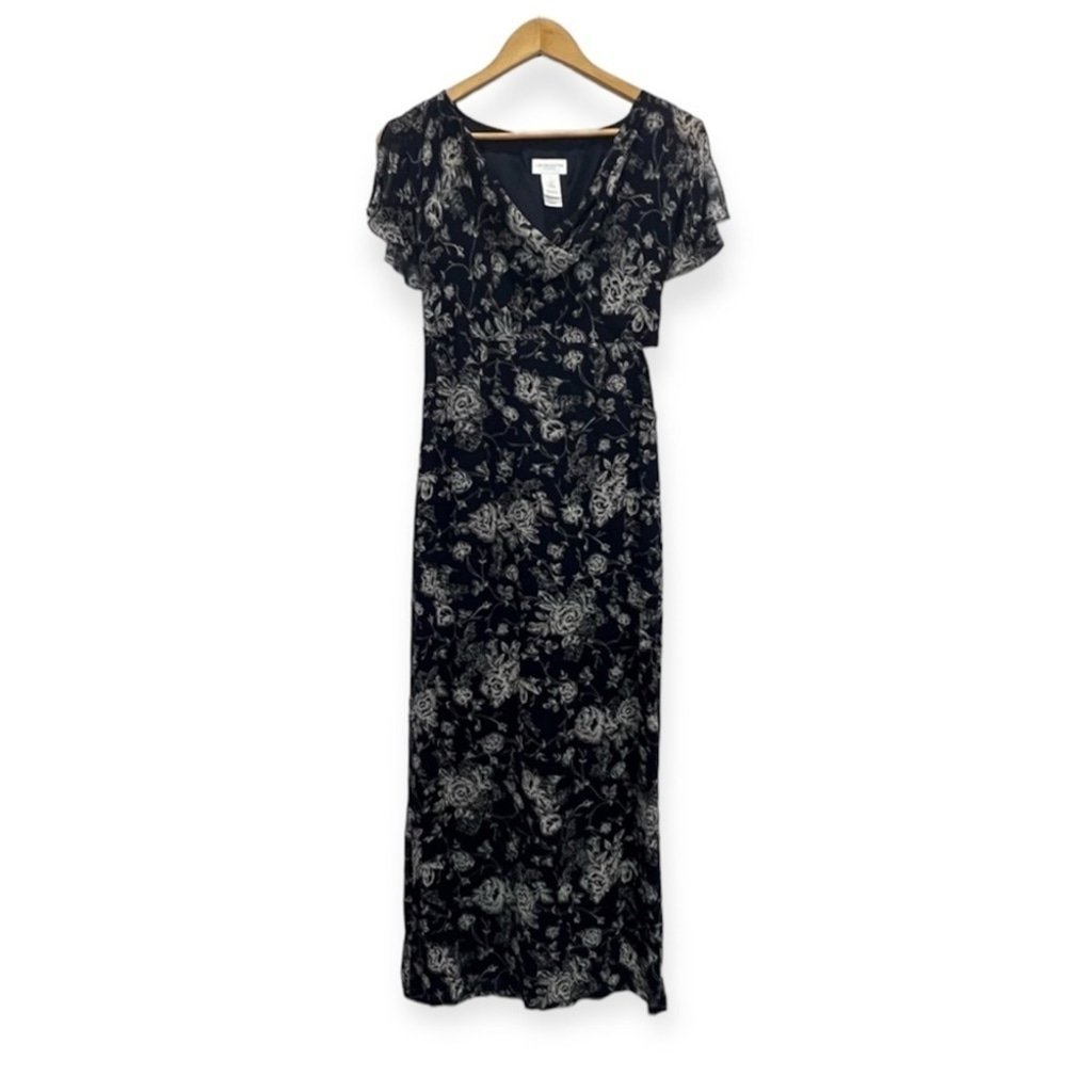 Vintage Liz Claiborne 100% Silk Black Floral Maxi Dress Size 4 Women