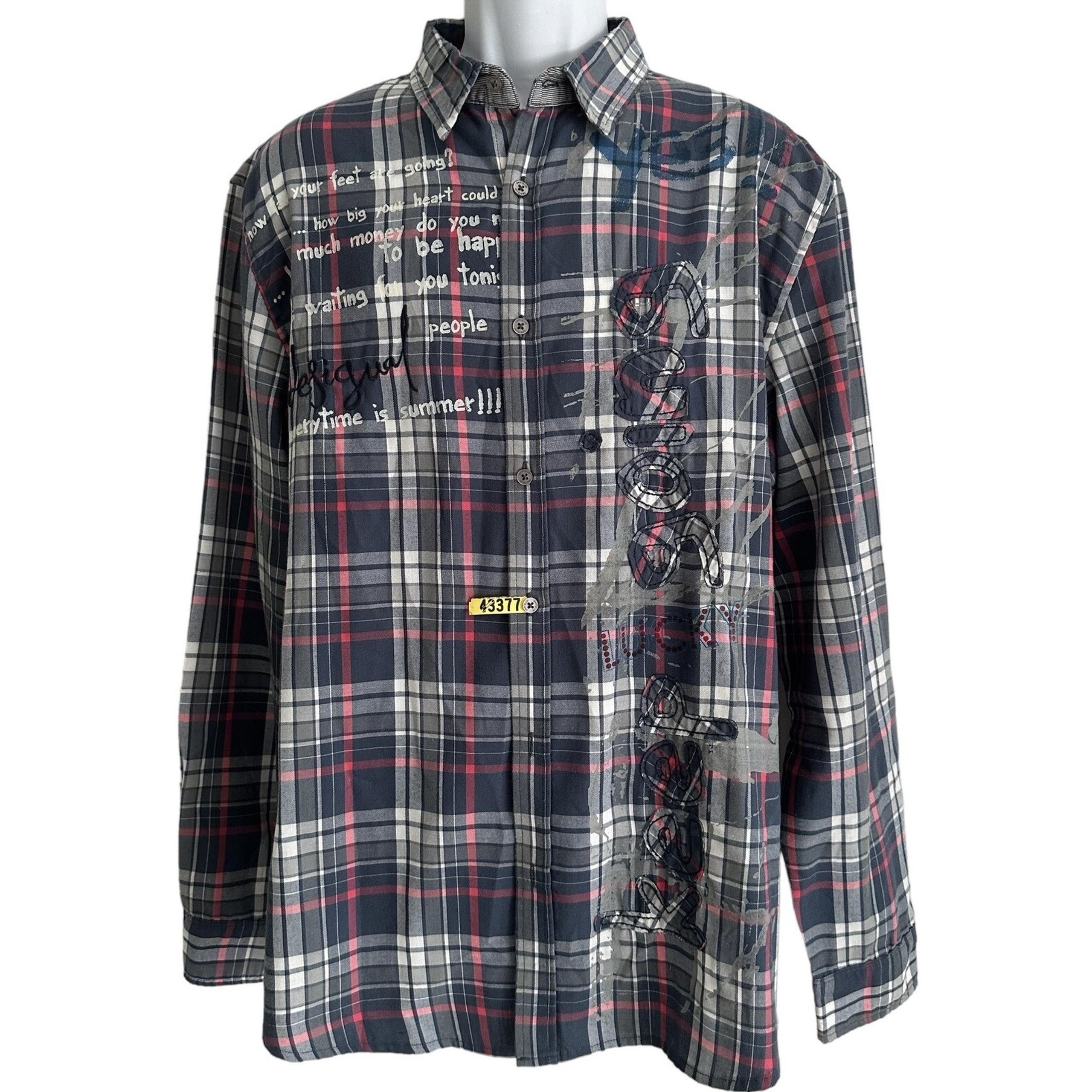 Desigual Mens Shirt Button Plaid L/S KEEP GOING Spellout $109 XXL