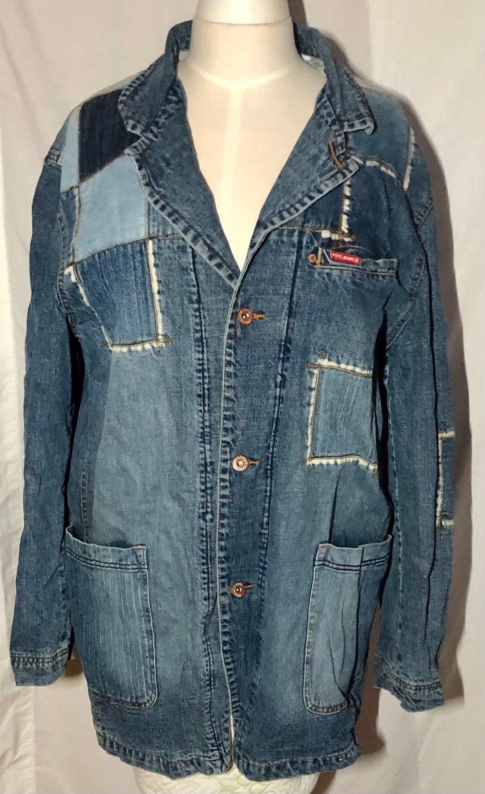 Vintage Pepe Jeans London Patchwork Denim Jacket Men´s Blue (See Dimension) 4XL nYeygDJjr