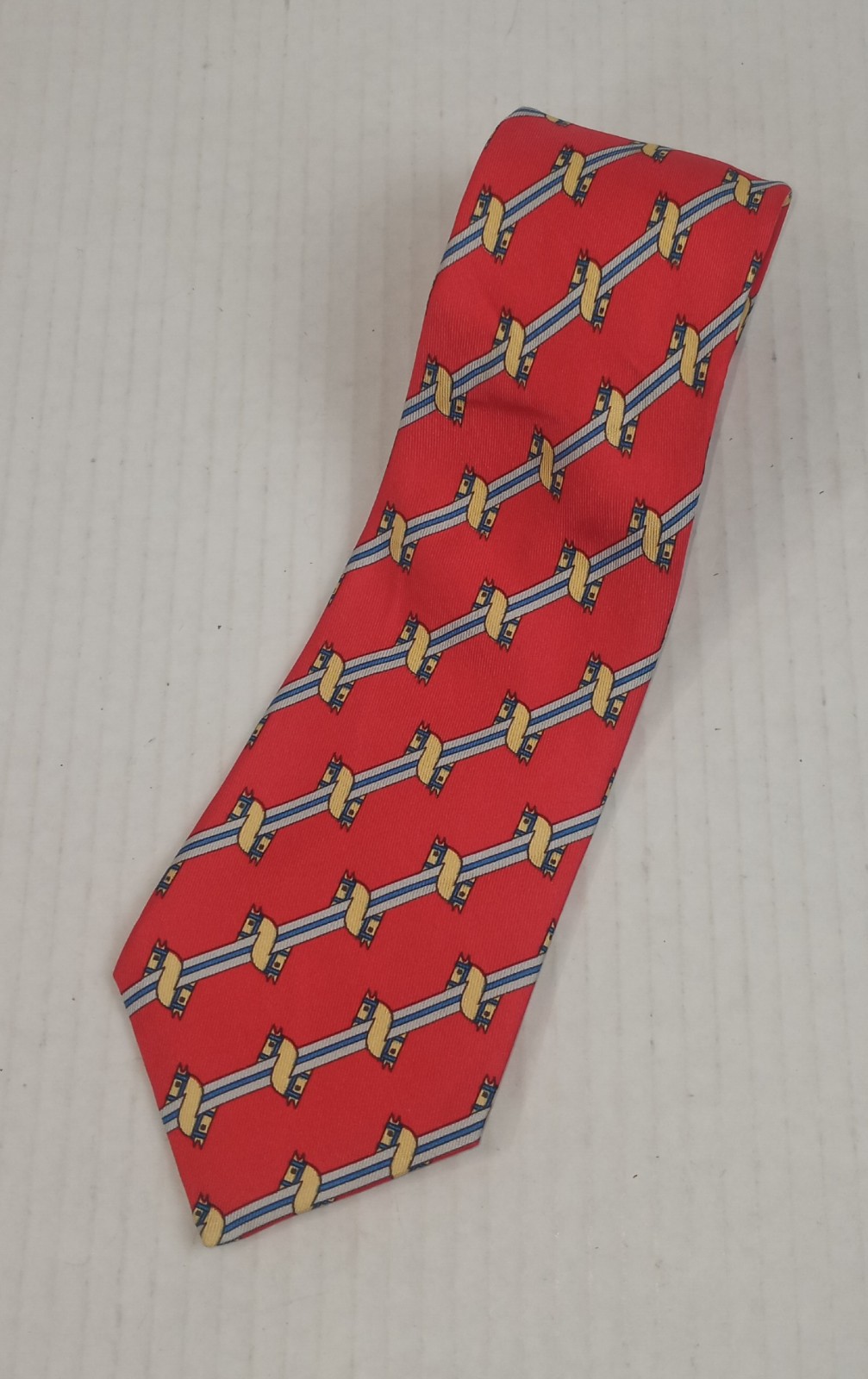 Hermes Red Equestrian Yellow Striped 100 Silk Necktie