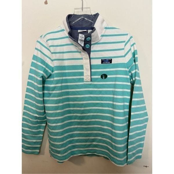 L.L.Bean NWT 501241 Women S Striped Soft Cotton Rugby Henley Pullover Aqua White