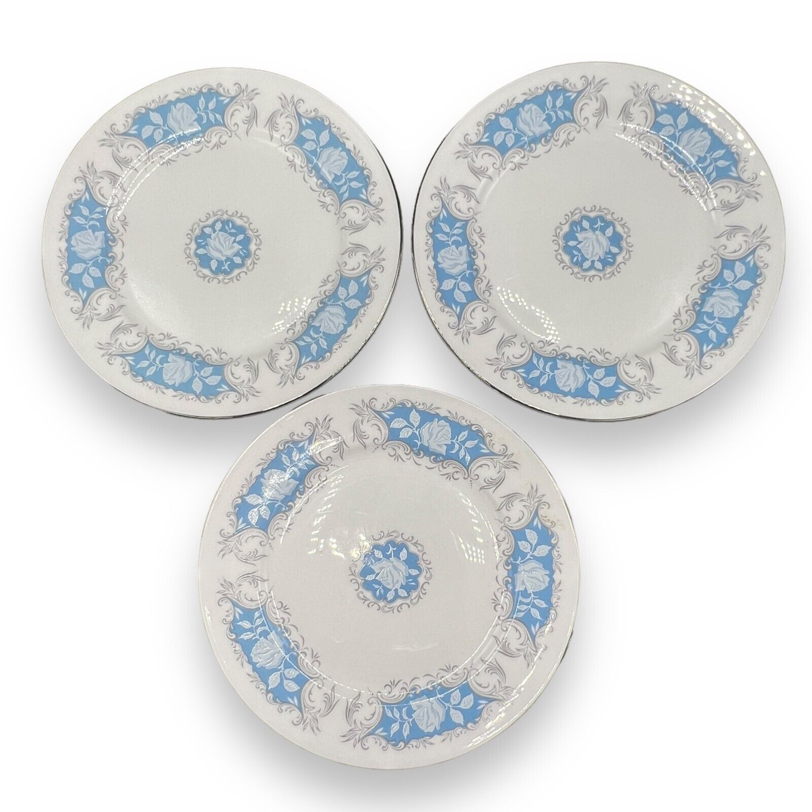 Aynsley Salad Plates Set of 3 Moonlight Rose 182 Blue Silver Rim Porcelain