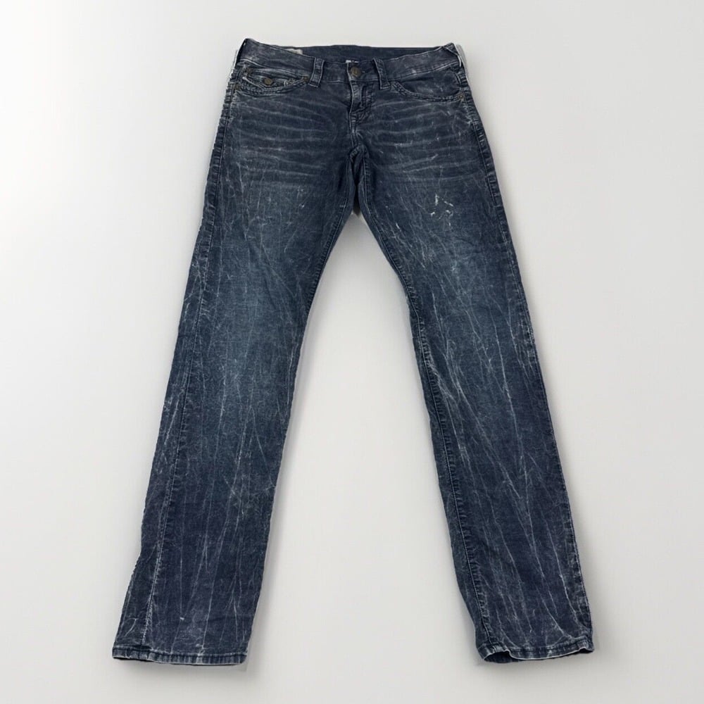 True Religion Geno Relaxed Slim Jeans Mens 29 Blue Denim Pants w/Flap Acid Wash