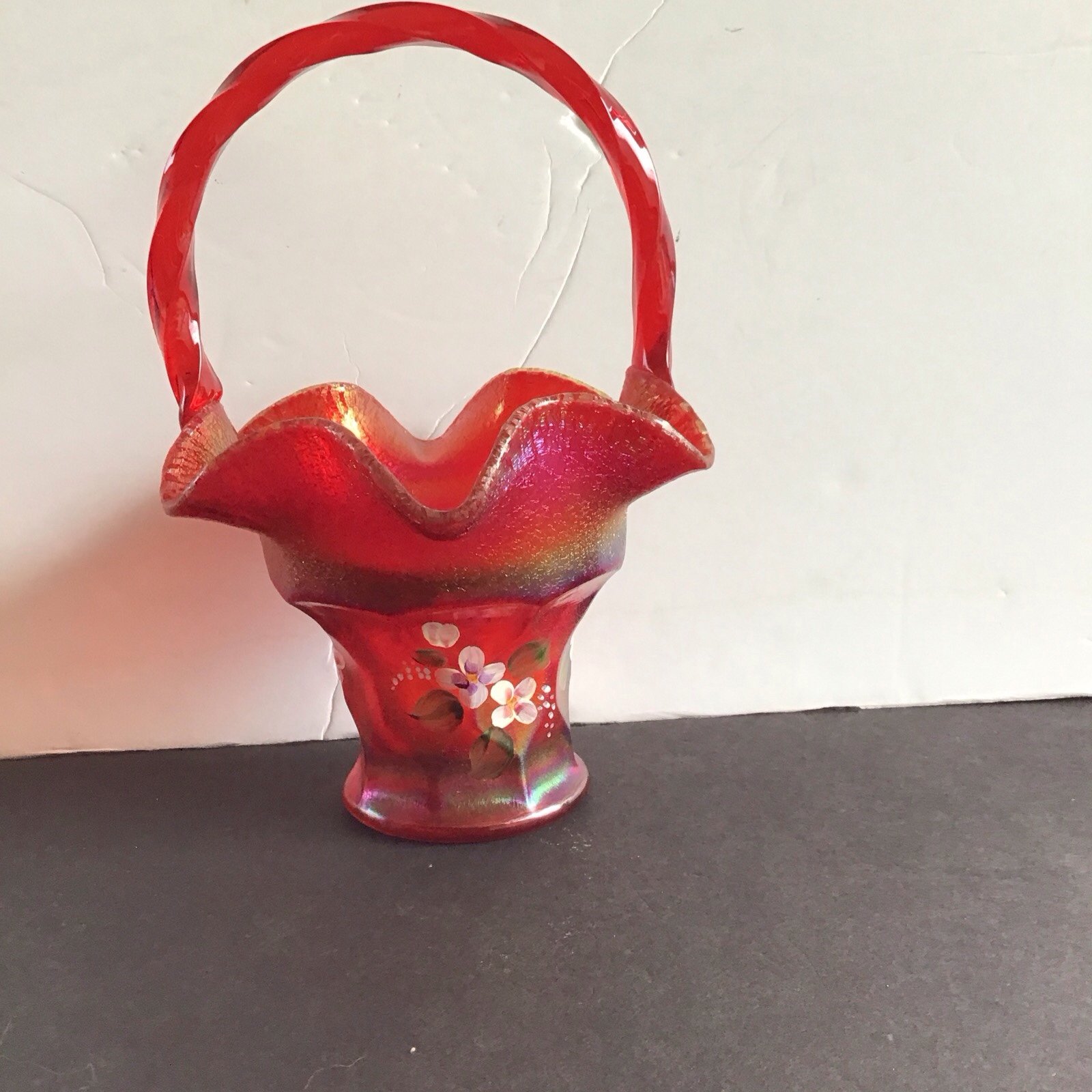Vintage Fenton Ruby Red Handpainted Glass wedding basket vase. Signed