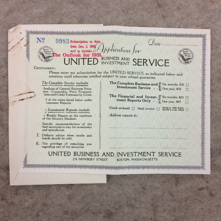 Vtg United Business And Investment Service Application Boston Mass Stock 1930