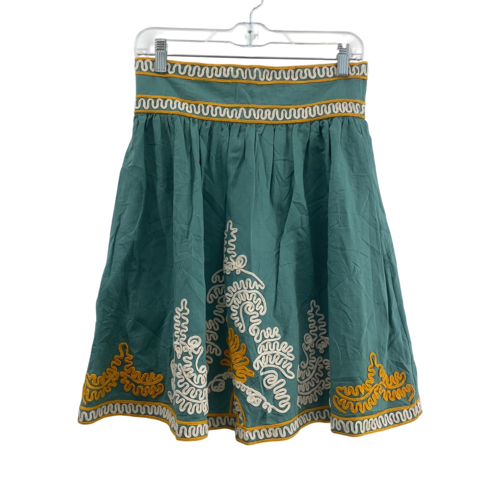 French Connection Linen Midi Flare Skirt Green/Orange Embroider Women Size 6 NWT