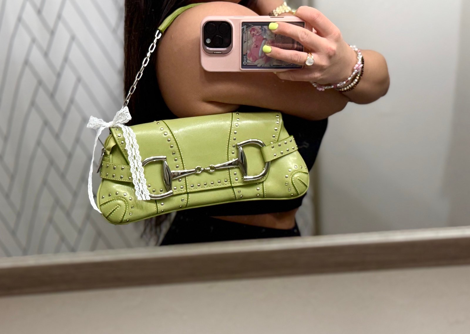 Y2K Vintage Matcha Green Leather Rina Rich Shoulder Bag ✨