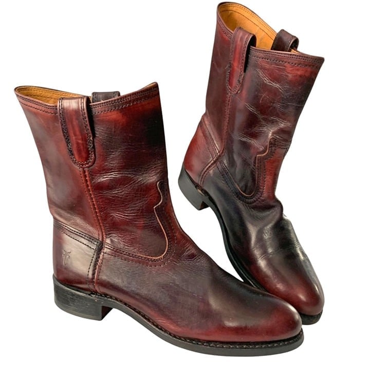 Frye Jet Roper Distressed Plum Leather Pull On Mid Calf Moto Boots