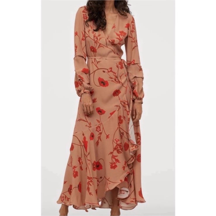 Johanna Ortiz x H&M Floral Poppy Long Sleeve Crepe Viscose Maxi Wrap Dress