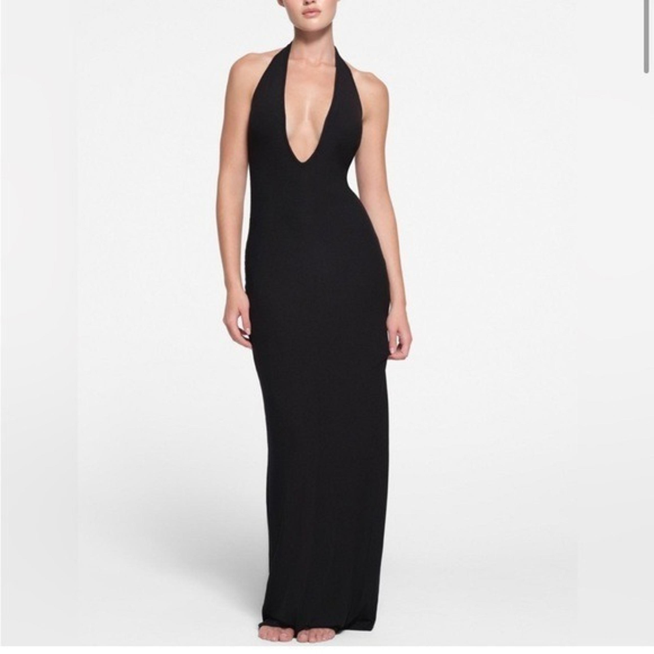 SKIMS Soft Lounge Deep Plunge Halter Maxi Dress Onyx Black Size Large