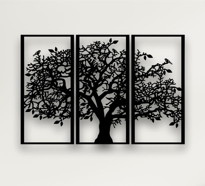 Tree of Life 3 Panels, Metal Tree Wall Art, 3 Wall Hanging, Home Decor - Black