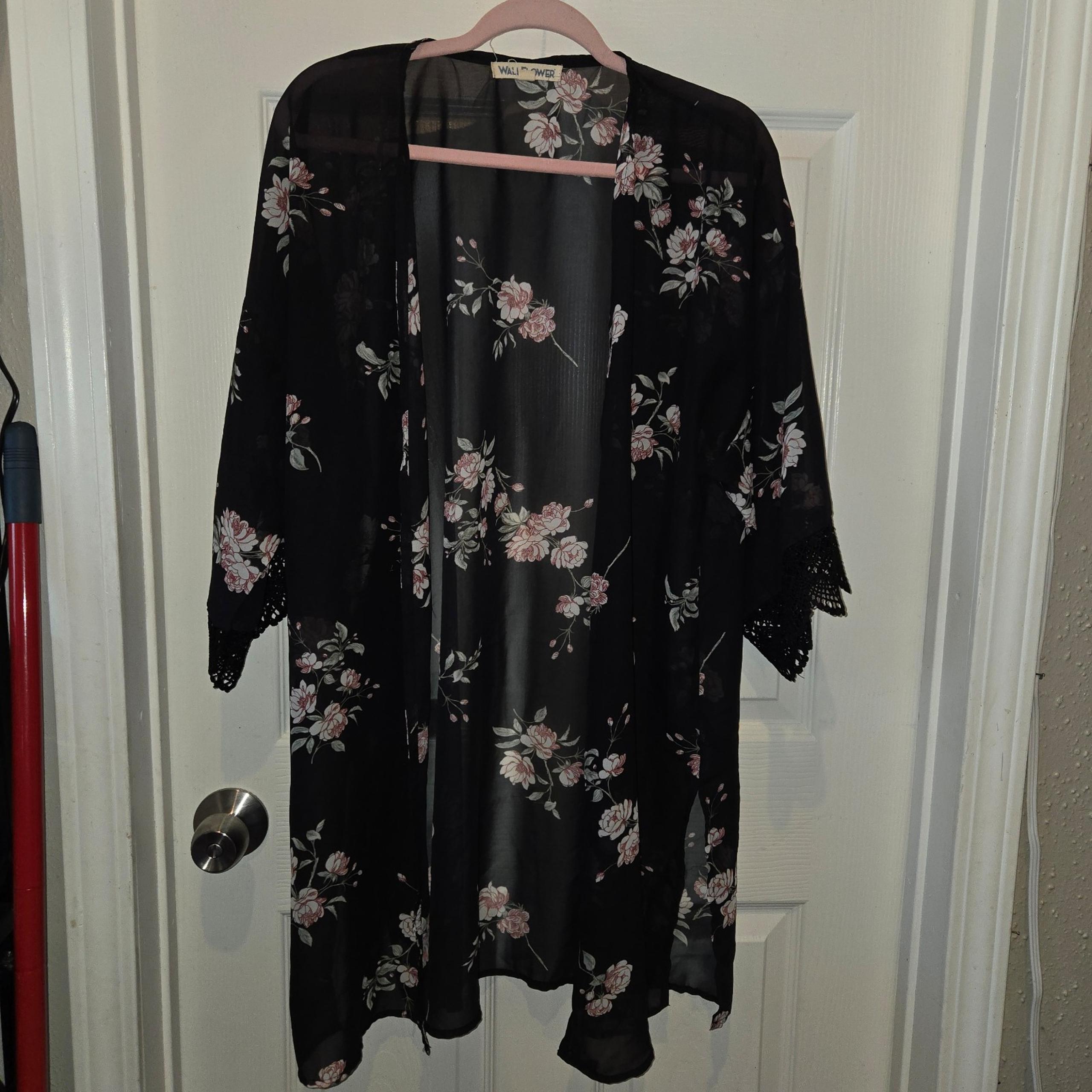 Wallflower Women Sheer Cardigan XL Black Floral Open Lightweight Wide Sleeve