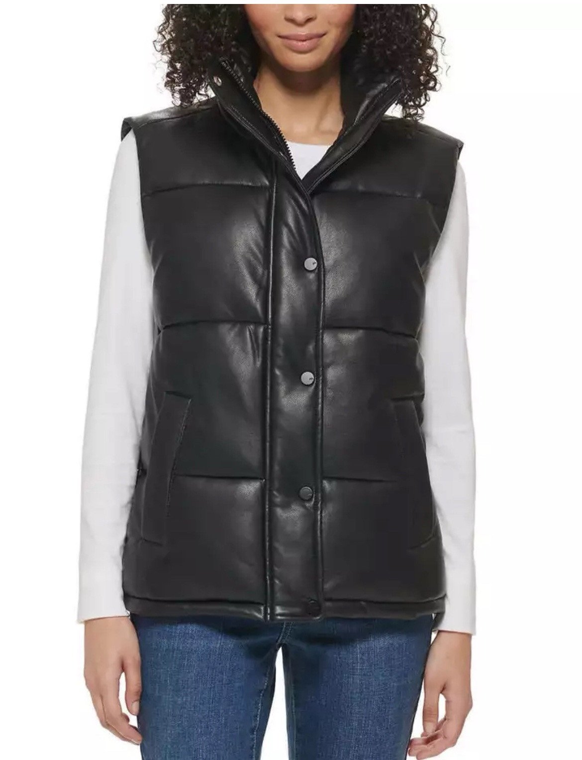 Marc New York Womens Size Large Faux Leather Puffer Vest Full Zip Snap NWT Black