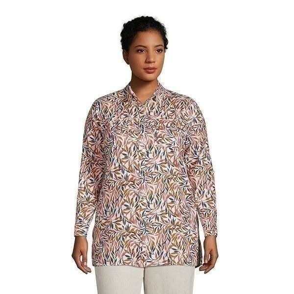 Lands’ End Linen Multicolored Leaves Botanical Ivory Button Down Tunic size M