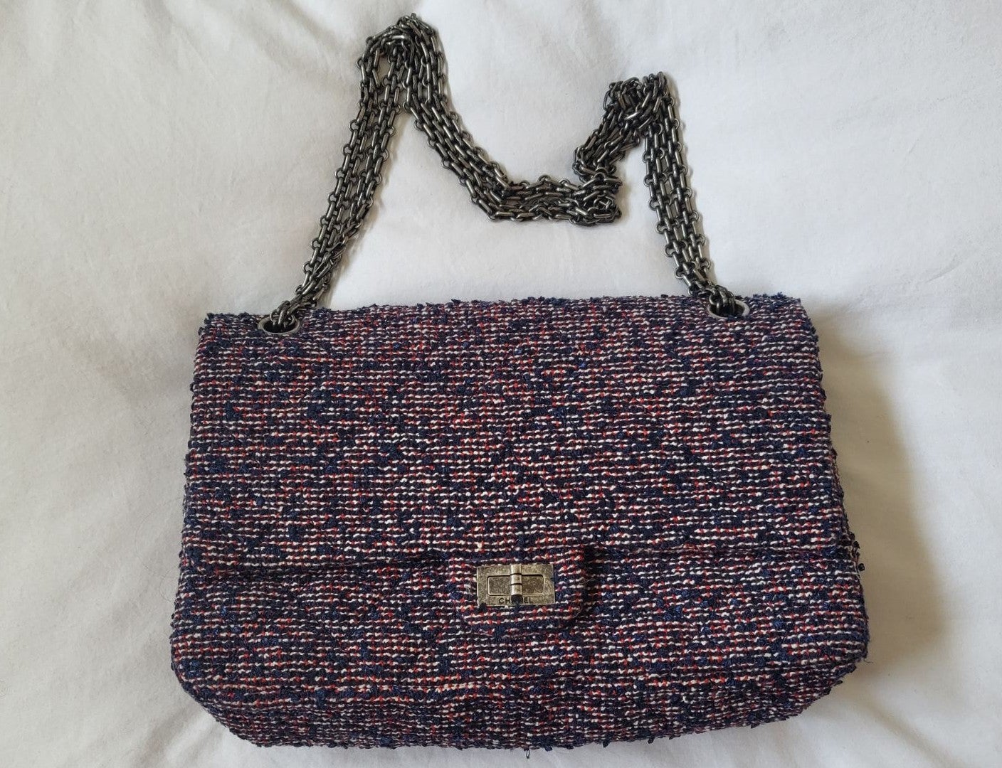 Chanel reissue 2.55 double flap tweed bag 266 Medium red white blue
