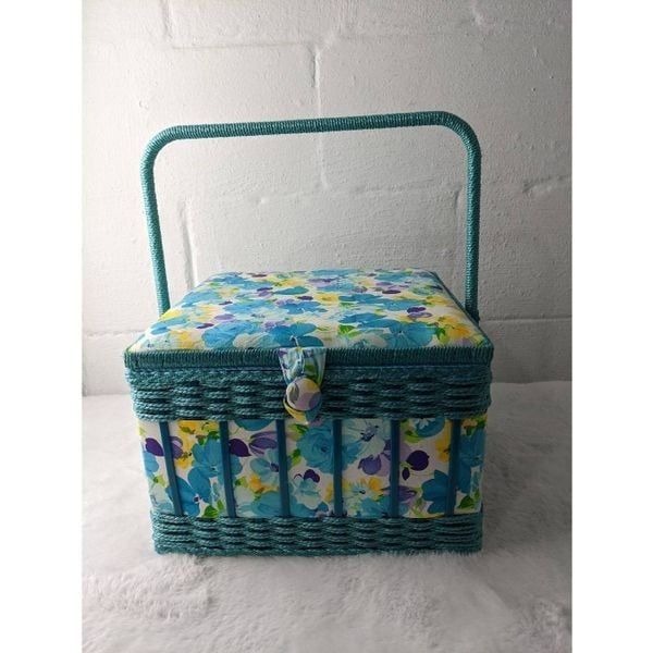 Vintage Sewing Box Basket with Tray & Notions Padded Bright Floral w/ liner MCM