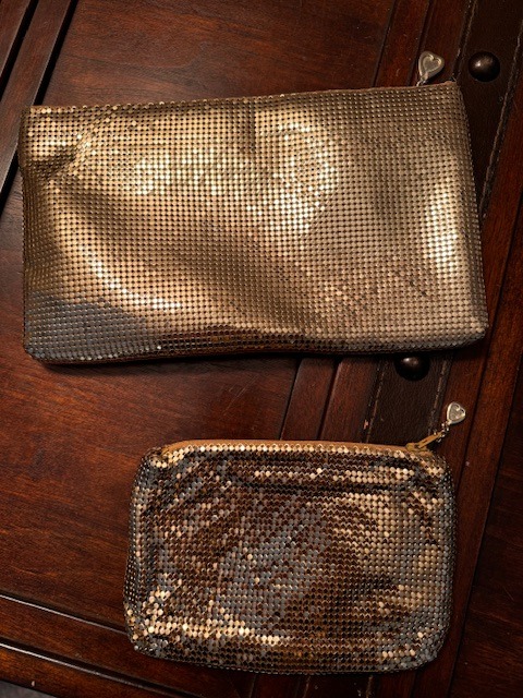Vintage Whiting and Davis Co 1970s gold metal clutch handbag w/ matching wallet