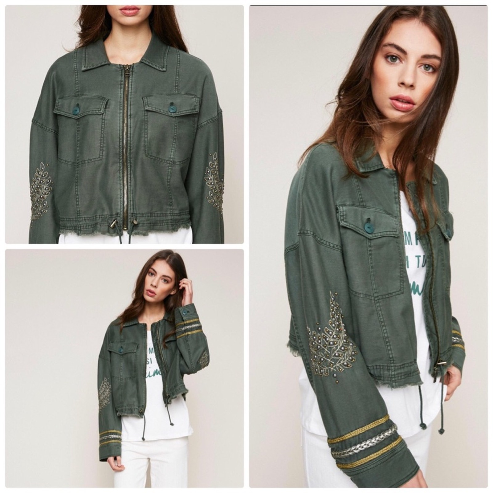 Free People Women's Green Embroidered Military Full Zip Jacket XS NEW