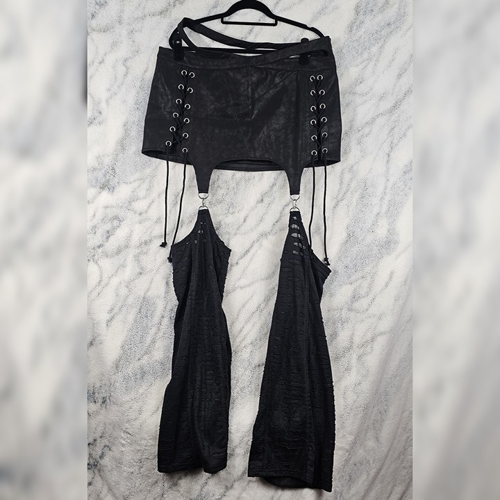 Dolls Kill Darker Wavs XXL Black Leather Skirt Leg Warmers Lace Up Side Ties Zip