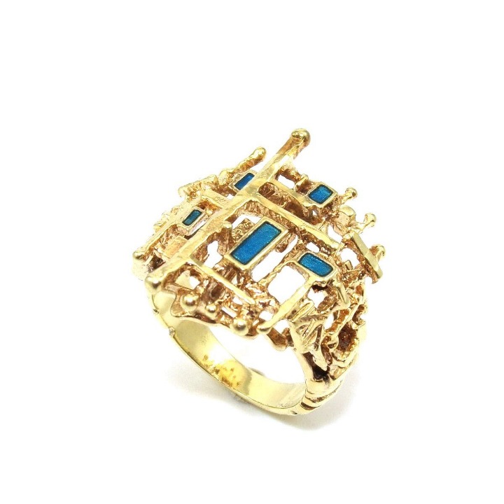14K GOLD MODERNIST ENAMEL ENLAY RING 7