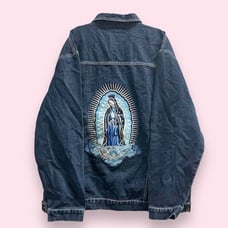 Vintage 2000s Y2K Virgin De Guadalupe Mother Mary Chicano Denim Jacket Men’s M