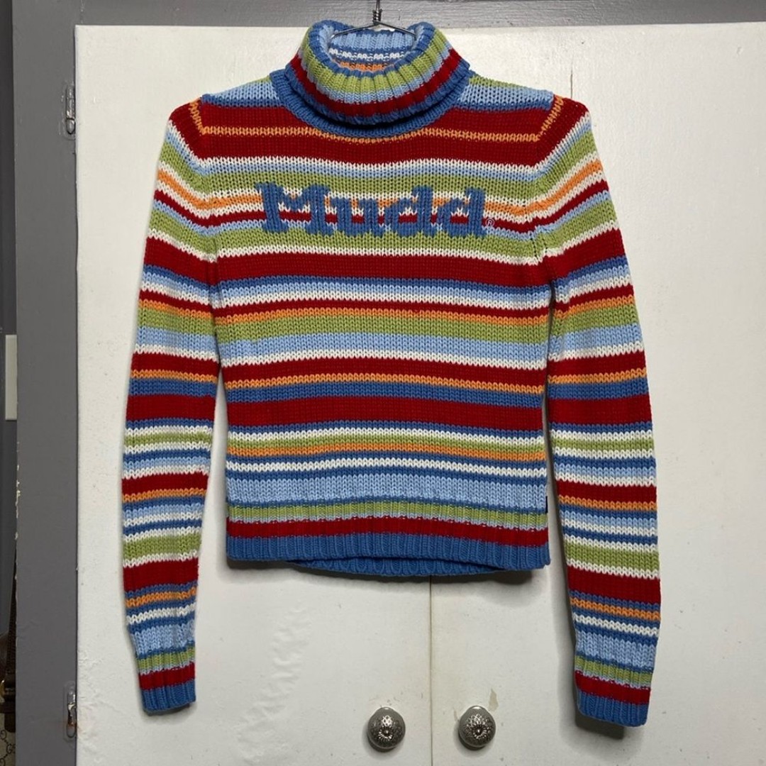 Mudd Vintage Y2K Multicolor Striped Turtleneck Logo Sweater Womens Size Small