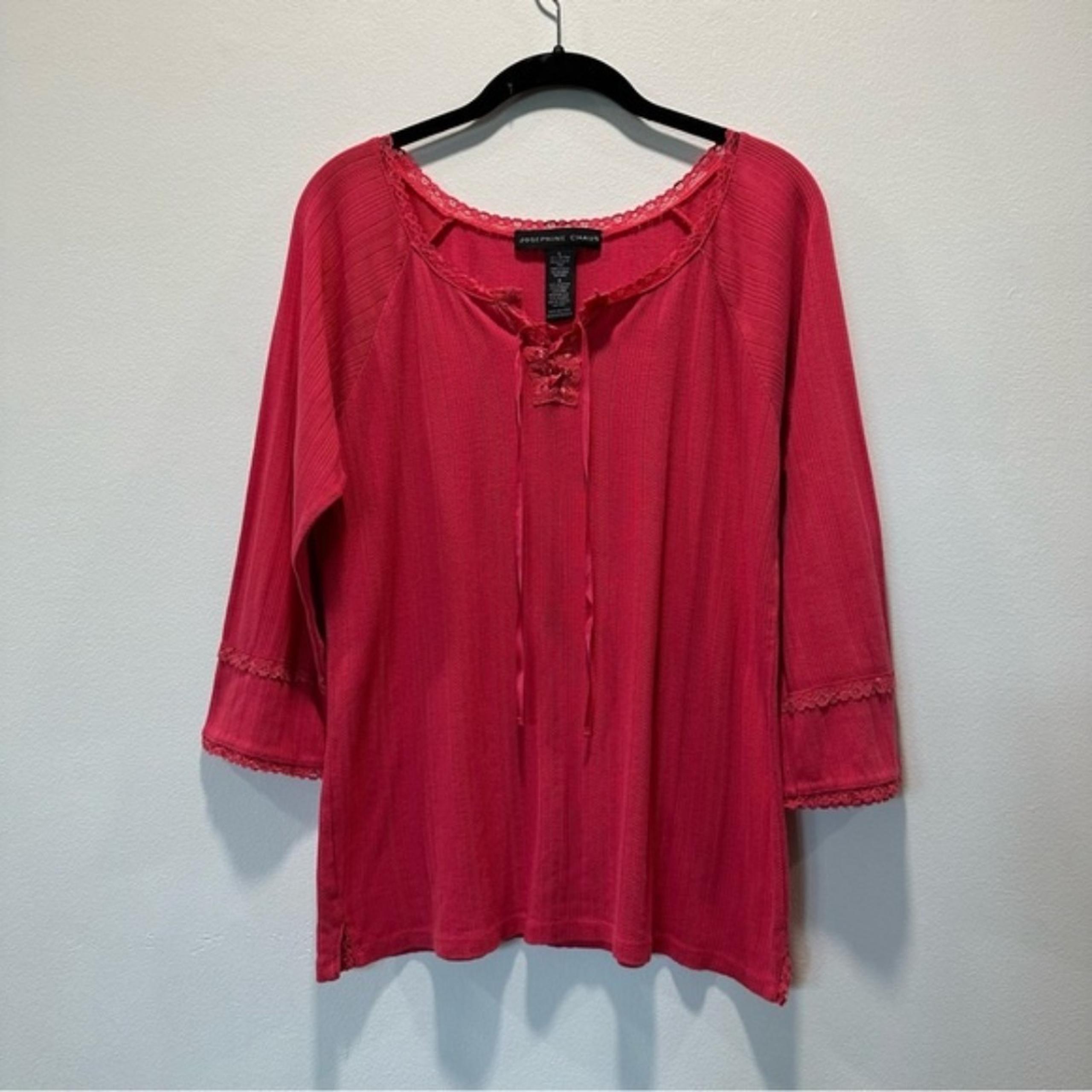 Josephine Chaus Coral Eyelet Knit 3/4 Sleeve Trim Lace Blouse Womens size Large