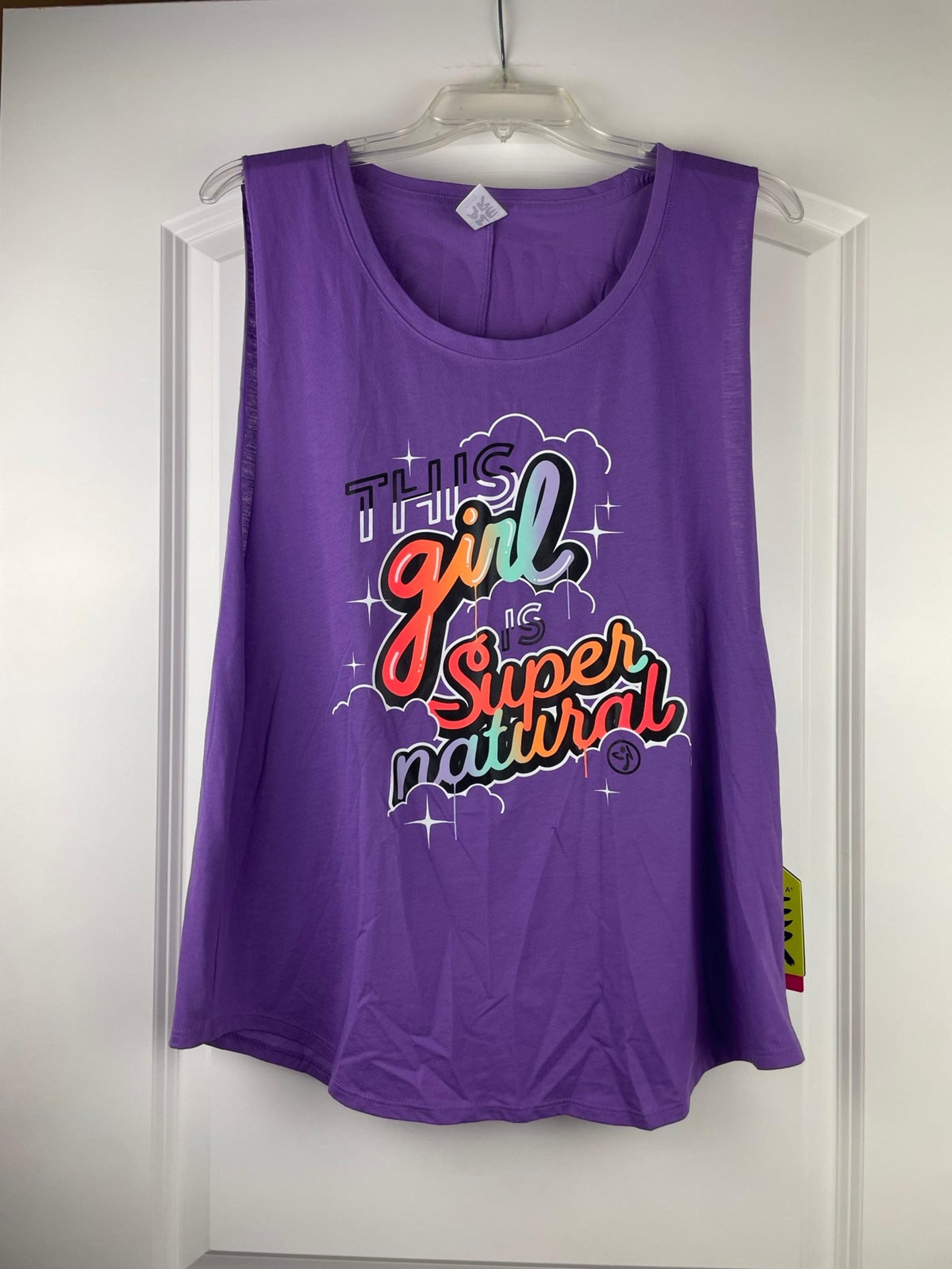 Purple Zumba “This Girl is Supernatural” open back tank