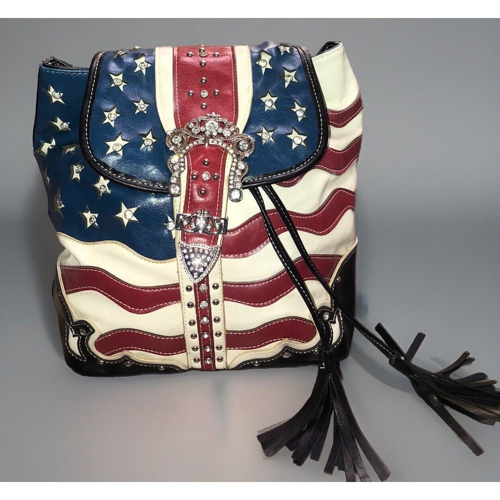 Cowgirl Trendy Red, White & Blue Faux Leather Backpack USA Flag Rhinestones Star