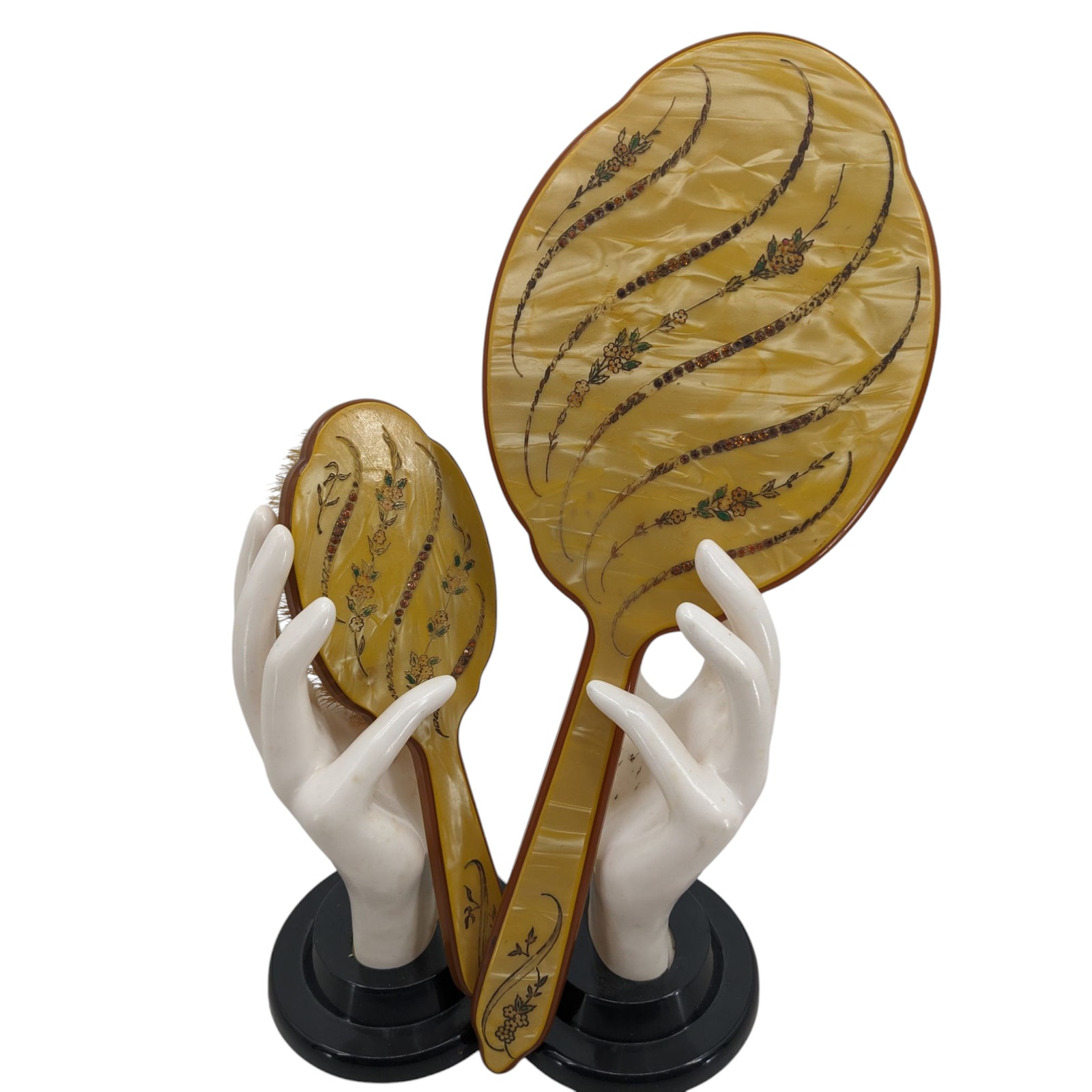 Vintage 1950's Art Nouveau Yellow Pearlescent Celluloid VANITY SET Mirror Brush