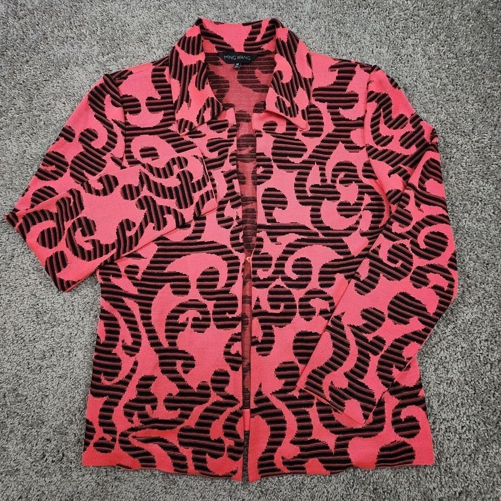 Ming Wang Cardigan Womens Medium Jacket Floral Open Front Vintage Pink Paisley
