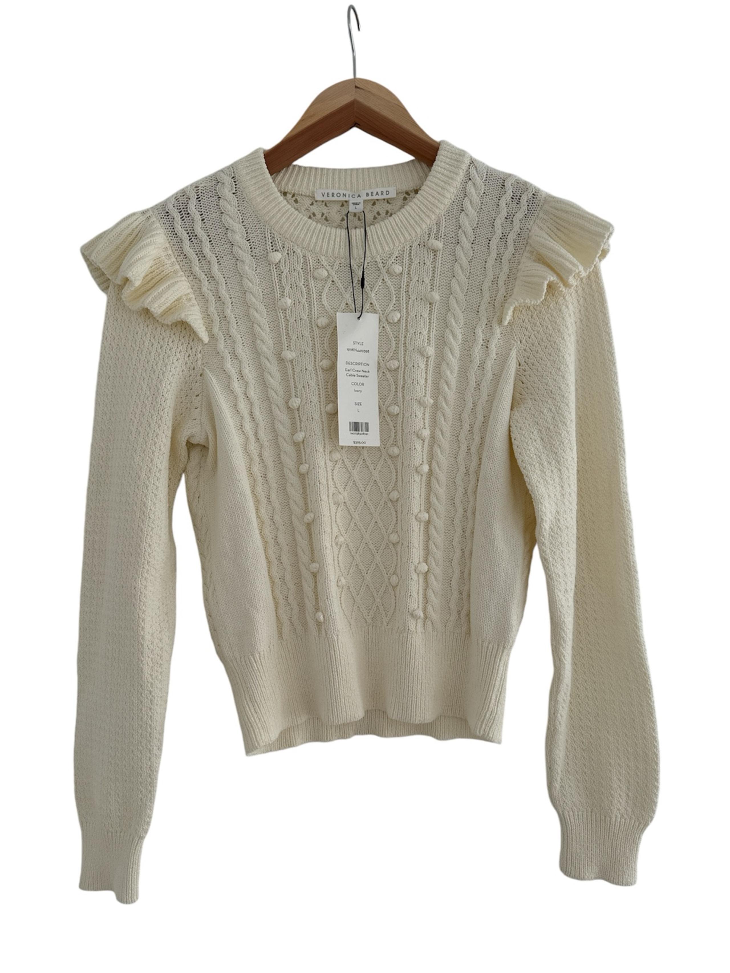 NWT Veronica Beard Earl crew neck cable sweater ivory size L