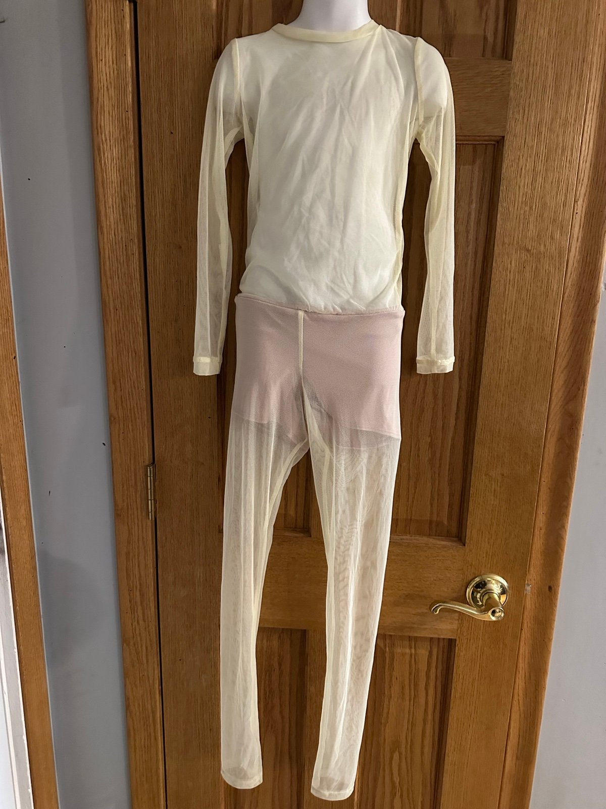 THE LINE UP IVORY BLUSH MESH UNITARD LONG SLEEVE DANCE COSTUME GIRLS SIZE 10